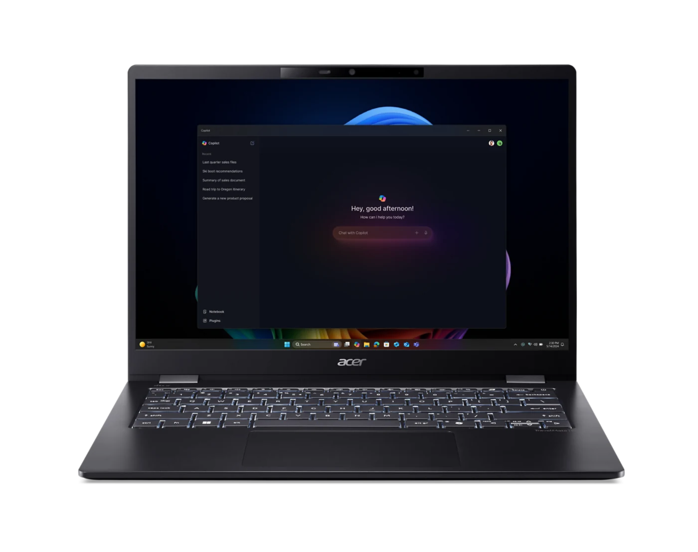 Acer TravelMate P6 14 AI TMP614-54 laptop in a front view, with its display and backlit keyboard visible.