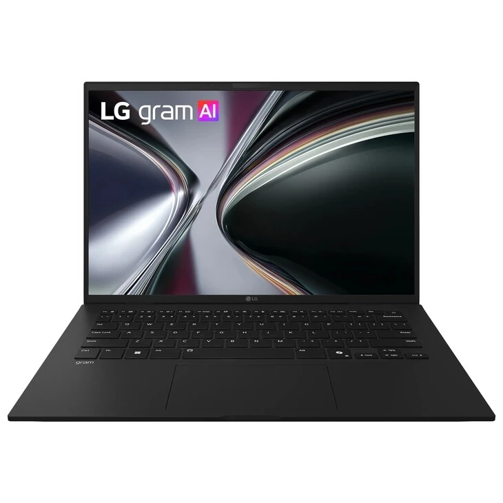 LG gram 14 14Z90U-G.AU85U1 in black, open front view with colorful abstract wallpaper